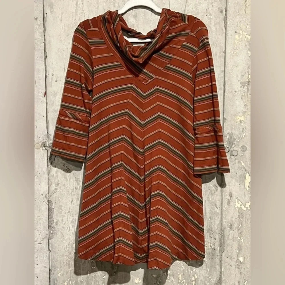 Free People New Romantics 3/4 Sleeve Burnt Orange Striped Dress Scoop Back Sz Sm